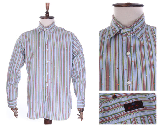 Men's ETRO MILANO Blue Striped 100% Cotton LS Shirt Size 2