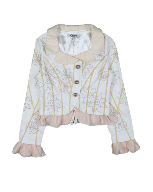 CHLOE Jacket White Brown Cotton Women's Embroidered Floral Print Size 6UK / 4US