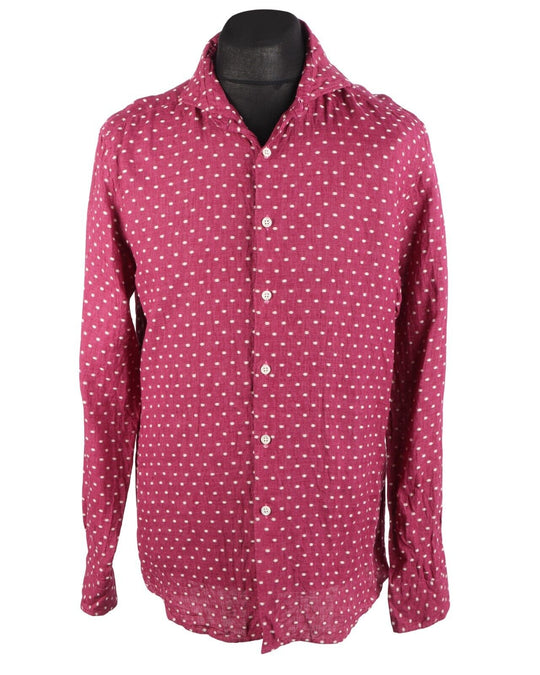 BAGUTTA ITALY Shirt Linen Polka Dot Red  Long Sleeve Slim Fit Men's Size L