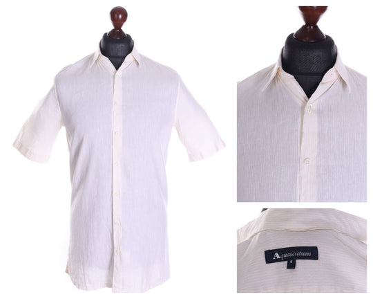 Men's AQUASCUTUM Ivory Striped Linen Blend Short Sleeve Shirt Size s