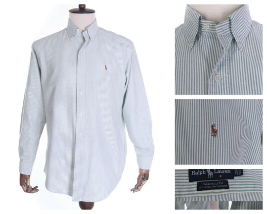 Men's RALPH LAUREN Green Striped Oxford Cotton LS Yarmouth Shirt Size 34 / 15,5