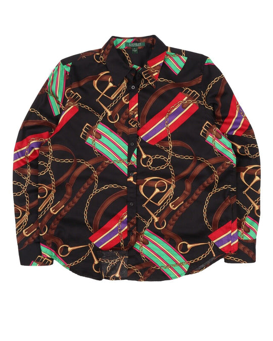 Women's RALPH LAUREN Multicolored Chain Pattern Cotton Long Sleeve Shirt Size L