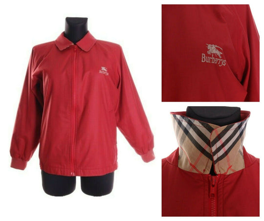Women's Vintage BURBERRYS Red Cotton Nova Check Collar Harrington Jacket Size 8