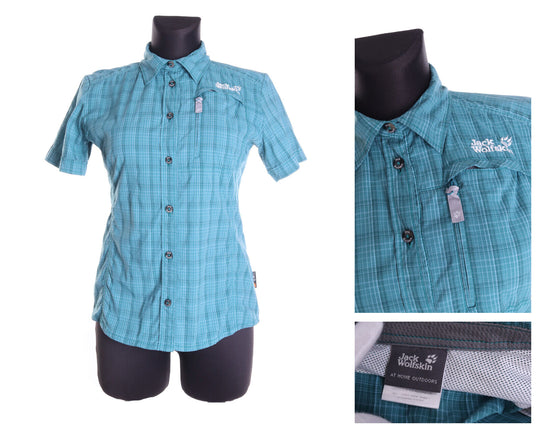 Women's JACK WOLFSKIN QMC Green Check 100% Cotton Short Sleeve Shirt Size 10 / s