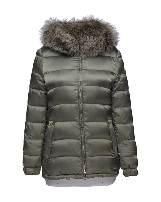 PRADA Puffer Jacket Nylon Green Down Womens Fur Hooded Parka Size 42