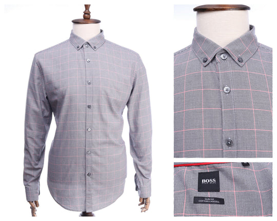 HUGO BOSS Grey Windowpane Check Cotton Slim Fit LS Shirt Size XL