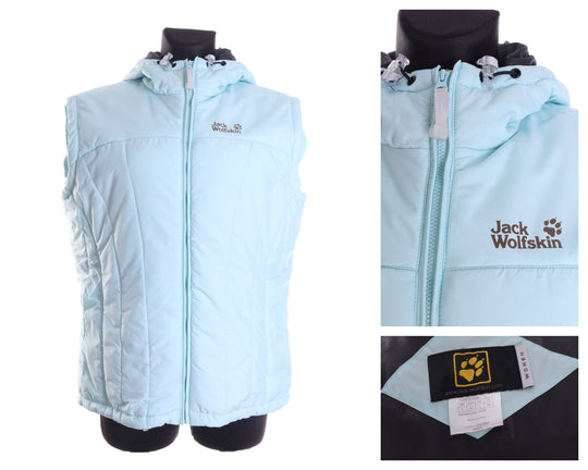 Women's JACK WOLFSKIN Blue Hooded Outdoor Puffer Waistcoat Vest Size L
