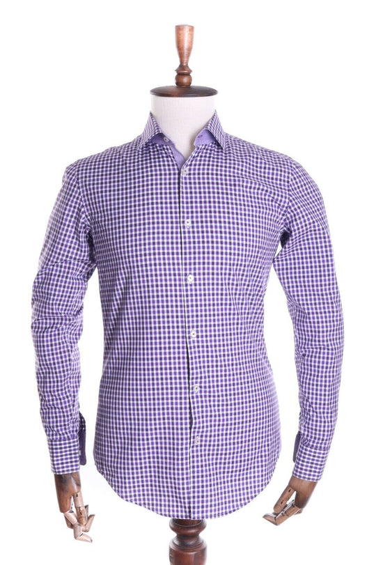 Men's HUGO BOSS Purple Gingham 100% Cotton Slim Fit LS Jurl Shirt Size 38 / 15