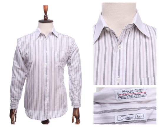 Men's CHRISTIAN DIOR Grey Striped Cotton Blend Durable Press Shirt Size 32