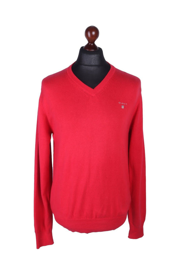 Men's GANT Red 100% Cotton V-Neck Jumper Size s