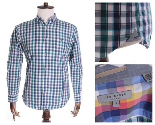 Men's TED BAKER LONDON Blue Green Check 100% Cotton LS Shirt Size 3