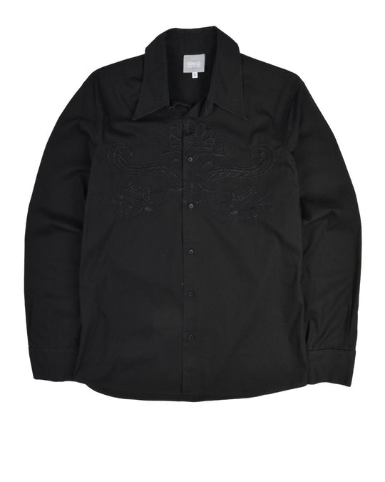 Vintage VERSACE Shirt Black Embroidered Cotton Mens Long Sleeve Size L