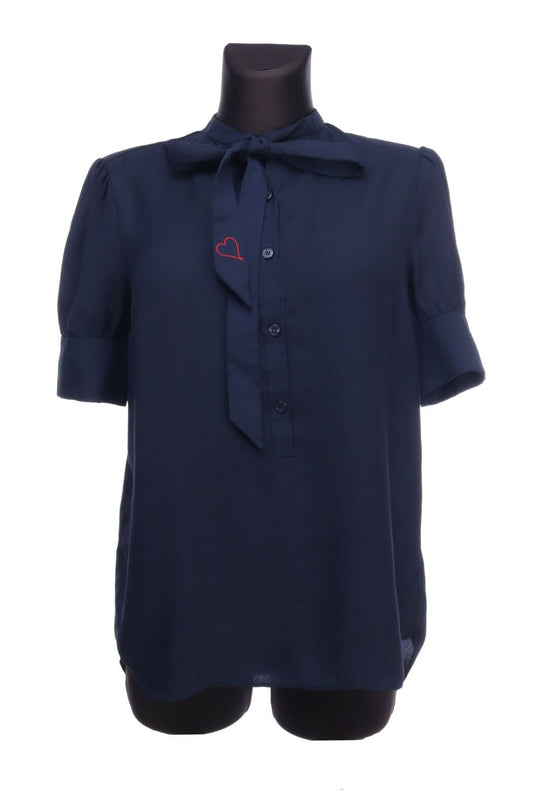 Dior D UNIFORMS Navy Blue Short Sleeve Tie Neck Blouse Size UK 10 US 6