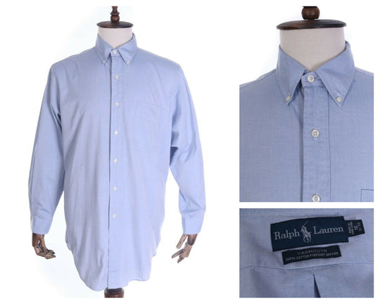 Men's RALPH LAUREN Blue Oxford 100% Cotton LS YARMOUTH Shirt Size 32/33, 16