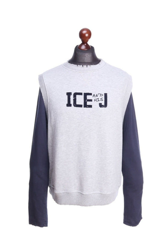 ICEBERG ICE-J Grey Navy Cotton Distressed Crew Neck Sweater Vest Jumper Size L
