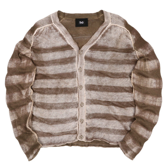 Men's DOLCE & GABBANA Brown Dyed 100% Linen Striped Cardigan Jumper Size 50