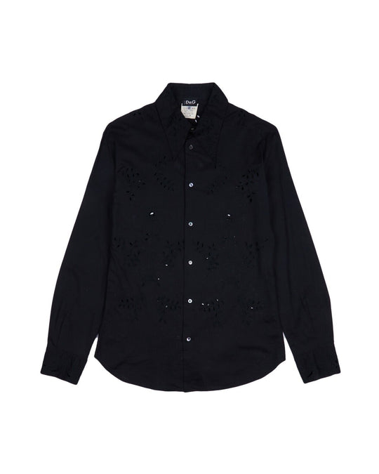 D&G DOLCE & GABBANA Shirt Black Semi Transparent Open Flower Knit Size 50 IT