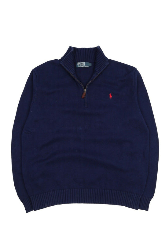 Men's POLO RALPH LAUREN Navy Blue Cotton Zip Neck Sweater Jumper Size L