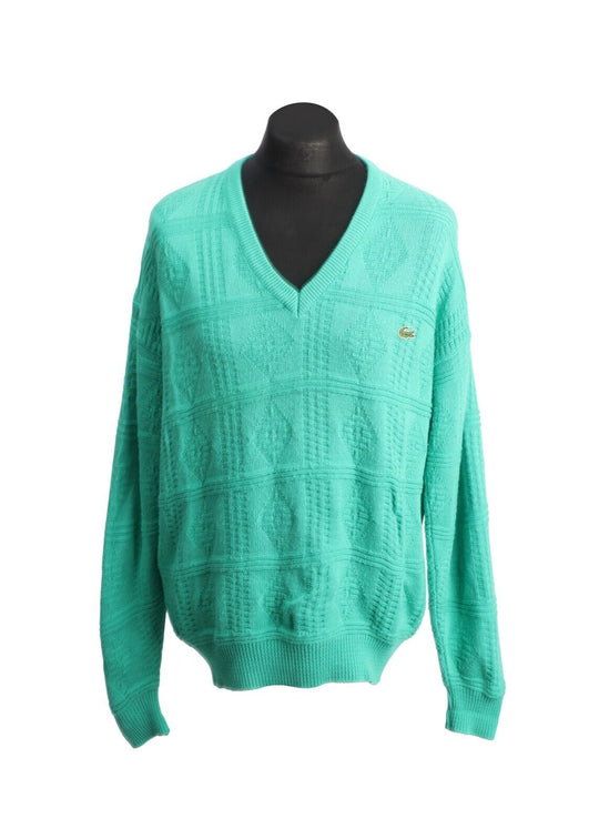Vintage LACOSTE Jumper Green Cotton Chunky Knit V Neck Men's Pullover Size M