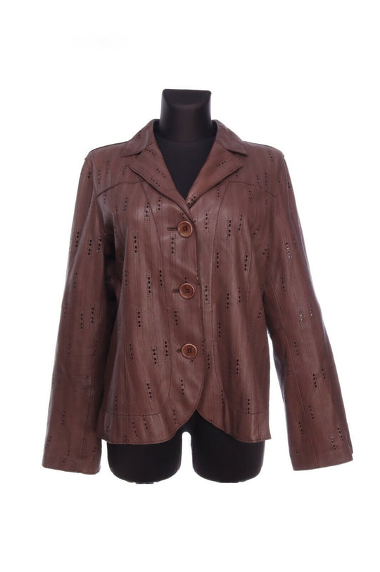 CARLO COLUCCI Brown Lamb Leather Notch Perforated Blazer Jacket Size 44