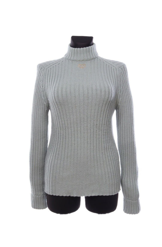 MCM Mint Cotton High Neck Rhinestone Logo Ribbed Knit Turtleneck Jumper Size S