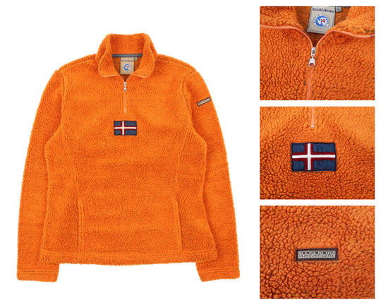 Women's NAPAPIJRI Orange Deep Pile Fleece Zip Neck Jumper Size L