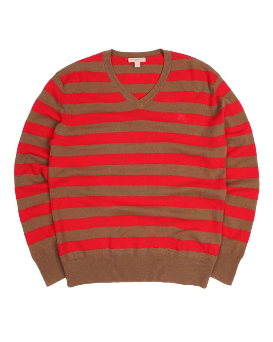BURBERRY BRIT Red Brown Striped Cashmere V Neck Jumper Sweater Men's Size L