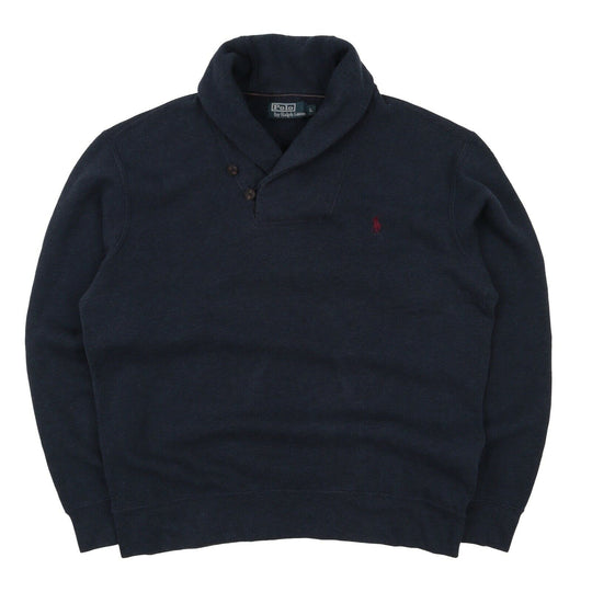 Men's POLO RALPH LAUREN Blue Cotton Shawl Neck Jumper Size L