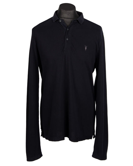 ALLSAINTS Polo T - Shirt Black Pique  Cotton Mens Collared Long Sleeve Size XL