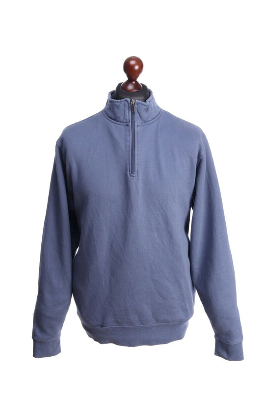 Men's L.l.BEAN Navy Cotton Zip Neck Fleece Lined Sweater Jumper Size M