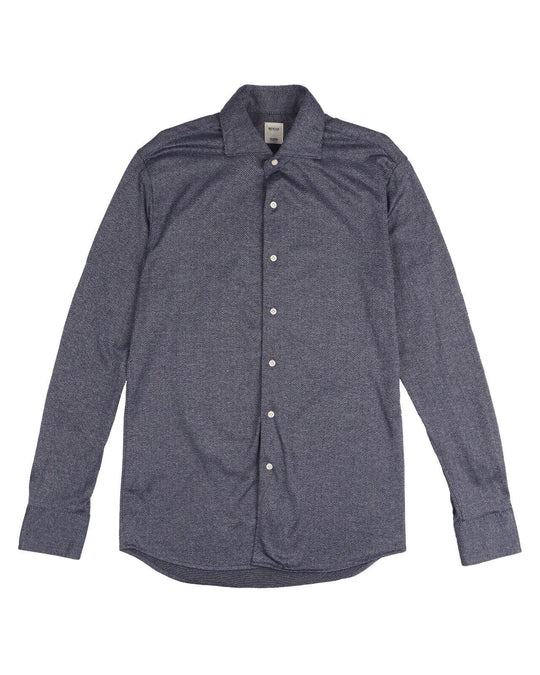 BOGGI Milano Shirt Navy Blue Cotton Men's Herringbone Print Custom Fit Size M
