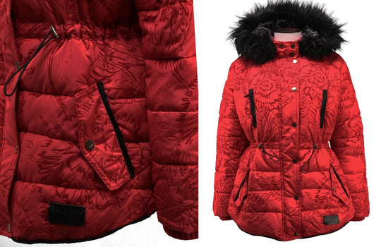 Women's DESIGUAL Red Floral Hooded Fitted Puffer Jacket Size 44 IT
