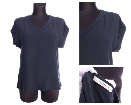 ETRO Italy Black 100% Crepe Silk SS V-Neck T-Shirt Size 42