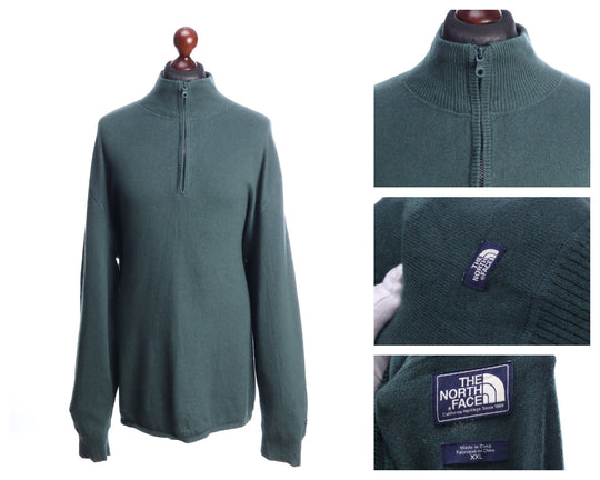 THE NORTH FACE Green Cotton Wool Zip Neck Jumper Sweater Size 2XL