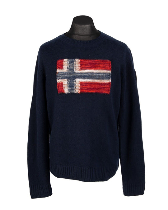 NAPAPIJRI Geographic Sweater Navy Blue Wool Blend Crew Neck  Jumper Size L