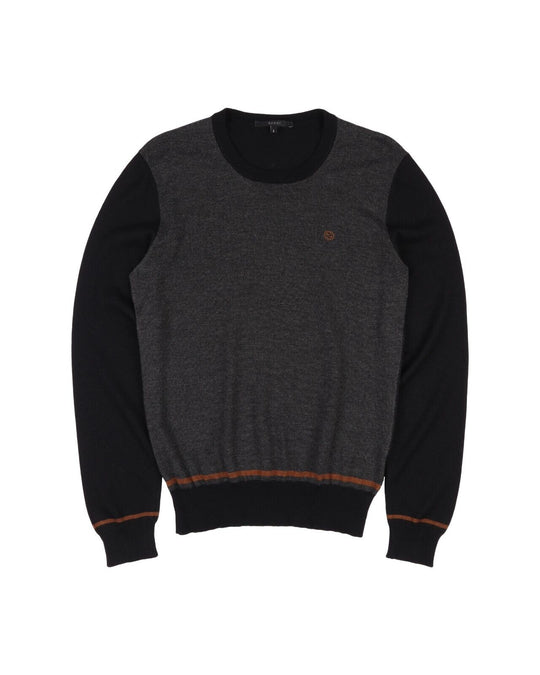GUCCI Black Wool Silk Logo Mens Crew Neck Pullover Size L