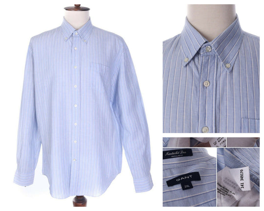 Men's GANT Blue Nantucket Linen / Cotton Striped Regular Fit LS Shirt Size 2XL