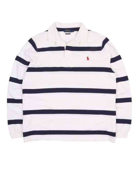 Men's Polo RALPH LAUREN White Striped Polo-Neck Rugby Sweater Jumper Size L