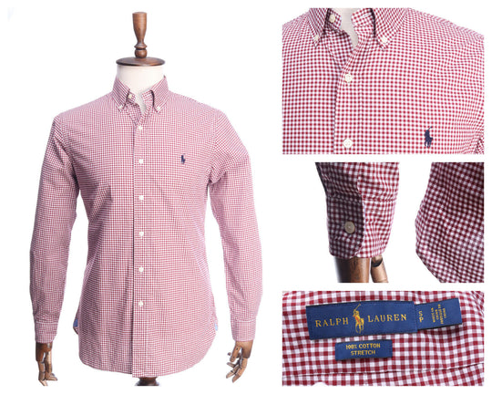 RALPH LAUREN Red Gingham Cotton Stretch Long Sleeve Shirt Size S