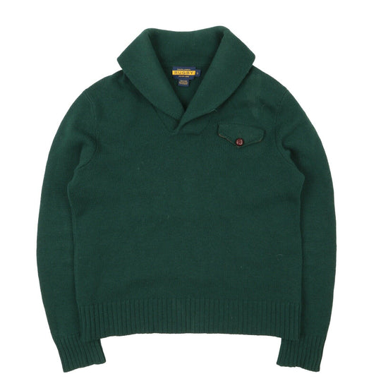 Men's RUGBY RALPH LAUREN Green Wool Shawl Neck Military Jumper Size L