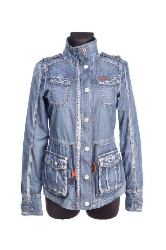 KHUJO Navy Vintage Inspired Cotton Cargo Epaulette Denim Chambray Jacket Size S
