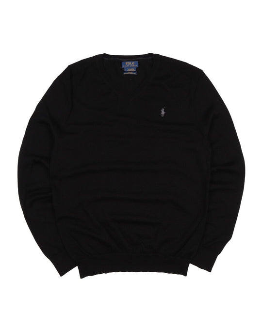 POLO RALPH LAUREN Jumper Sweater Black Merino Wool Slim Fit V-Neck Men's Size L