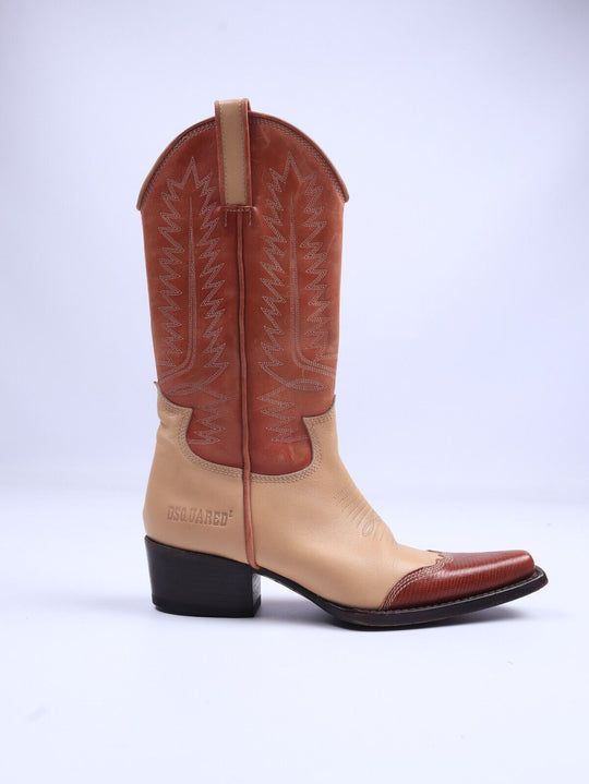 DSQUARED2 Cowboy Boots Beige Brown Womens Western Ankle Zip On Size 39 EU