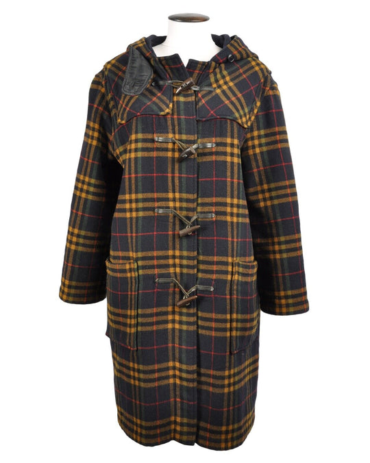 GLOVERALL Duffle Coat Blue Check Wool Women's Overcoat Size 40 EU