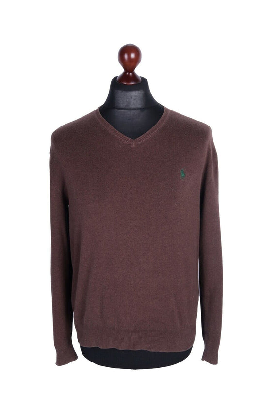 Men's POLO RALPH LAUREN Brown 100% Cotton V-Neck Jumper Size M