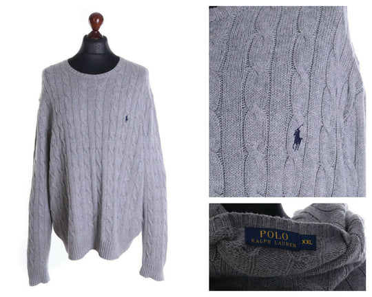 Men's POLO RALPH LAUREN Grey 100% Cotton Cable Knit Sweater Size 2XL