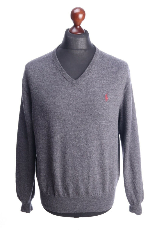 POLO RALPH LAUREN Grey Wool V-Neck Jumper Sweater Size XL