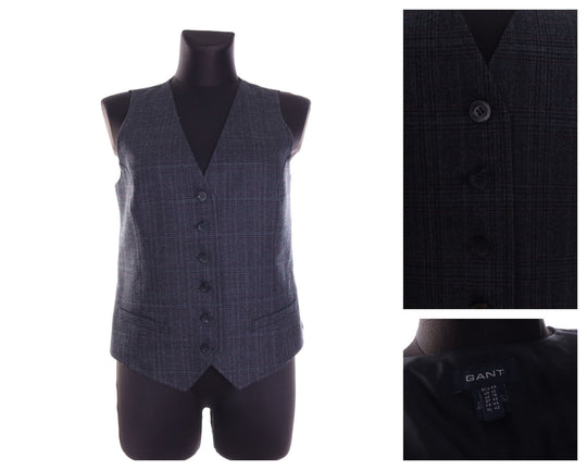Women's GANT Charcoal Grey Glen Check Wool V-Neck Waistcoat Vest Sz uk 16 us 12