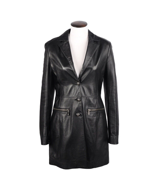 VERSACE Jacket Black Leather Women's Long Coat Size S