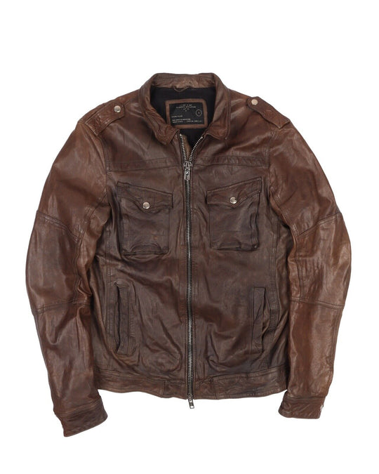 Men's ALLSAINTS Brown Leather Moto Biker Zip Jacket Size S